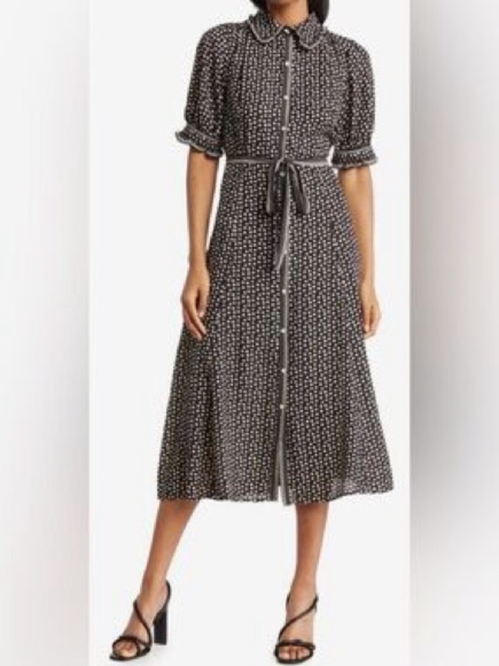 Max Studio Black Polka Dot Midi Shirtdress with Tie Waist